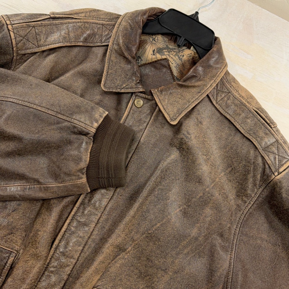 Roundtree & Yorke Leather Bomber Jacket XL Map Lining Distressed Brown Mens